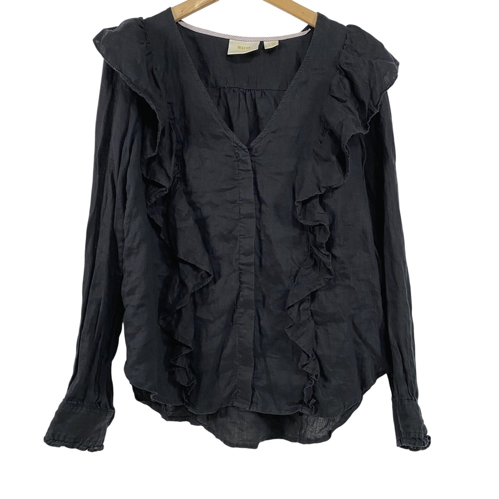 Maeve Anthropologie Blouse Womens US‎ 6 Black Linen Ruffle Long Sleeve Top Shirt